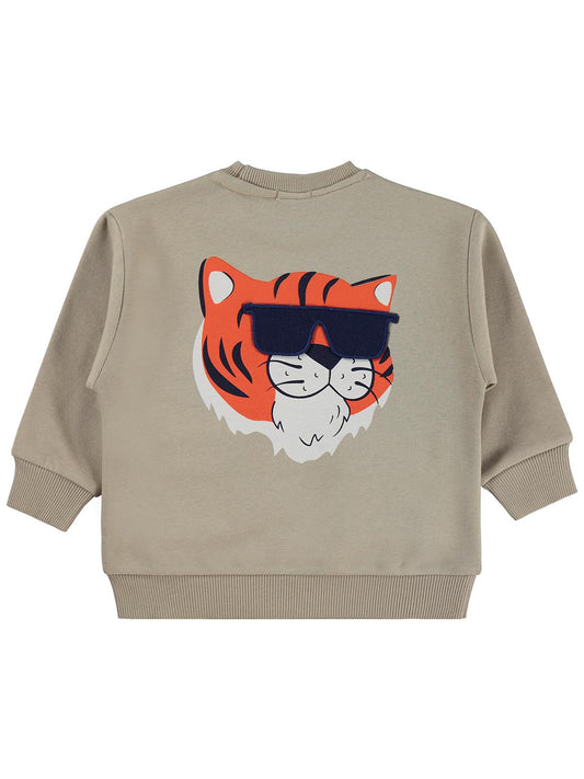 Civil Erkek Çocuk Tiger Baskı-Nakışlı Sweatshirt | 3 İp Uzun Kol | Okul Kreş ve Günlük Kullanım - Bej