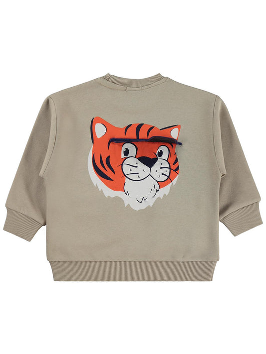 Civil Erkek Çocuk Tiger Baskı-Nakışlı Sweatshirt | 3 İp Uzun Kol | Okul Kreş ve Günlük Kullanım - Bej