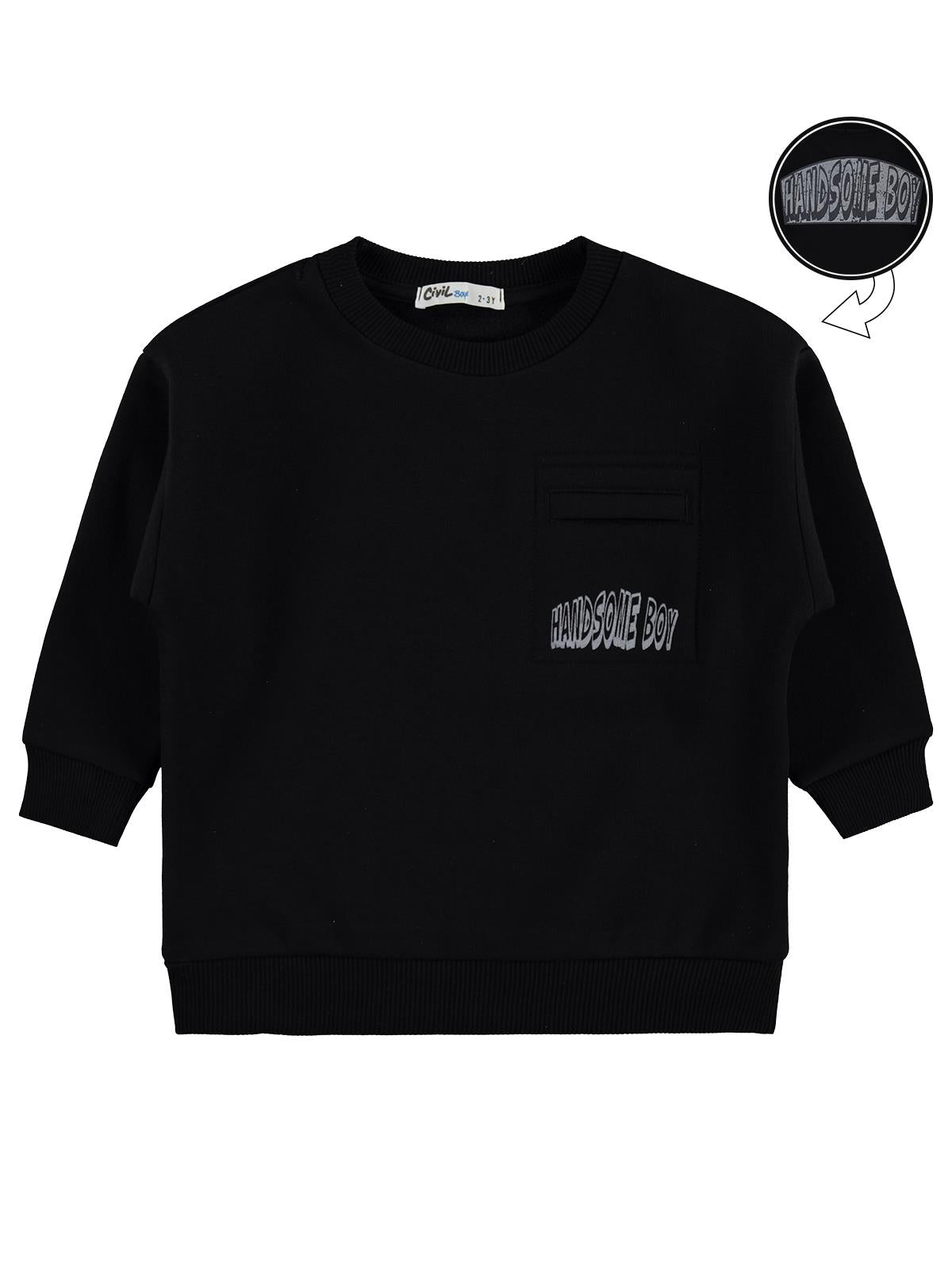 Civil Erkek Çocuk Hnadsome Baskılı Sweatshirt | 3 İp Uzun Kol | Okul Kreş ve Günlük Kullanım - Siyah