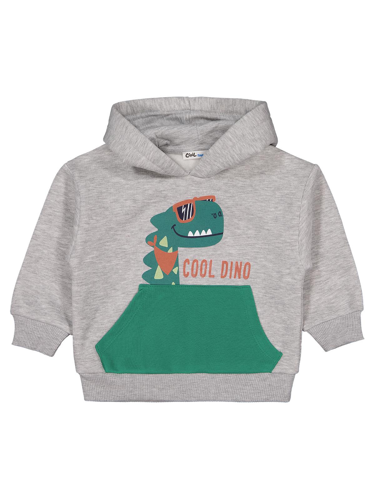 Civil Erkek Çocuk Dino Baskılı Sweatshirt | 3 İp Uzun Kol | Okul Kreş ve Günlük Kullanım - Gri
