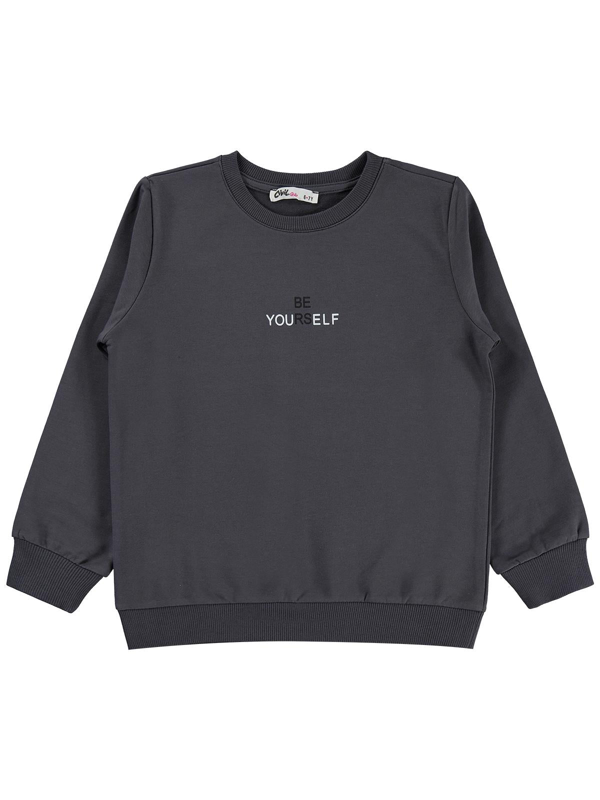Civil Kız Çocuk Sweatshirt | 2 İp Uzun Kol Bisiklet Yaka Baskılı | Okul Kreş ve Günlük Kullanım - Gri