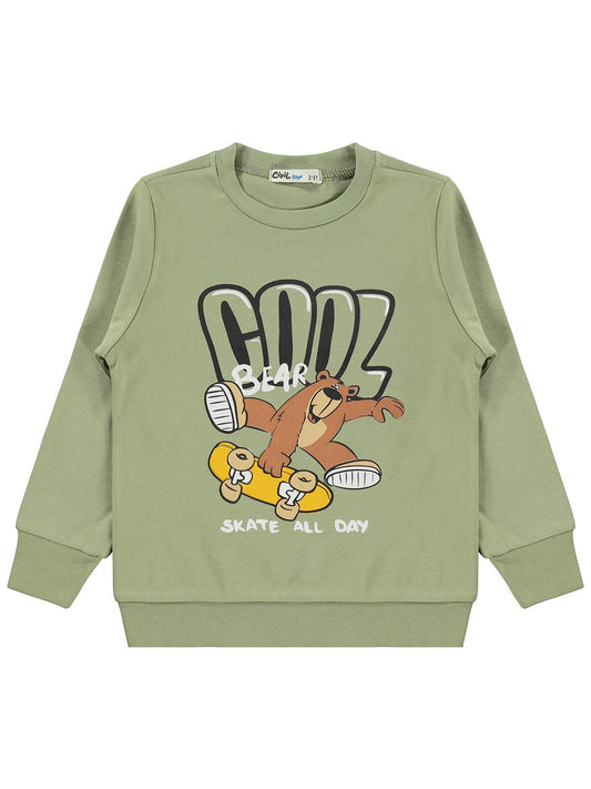 Civil Erkek Çocuk Cool Baskılı Sweatshirt Km | İnterlok Uzun Kol | Okul Kreş ve Günlük Kullanım - Haki