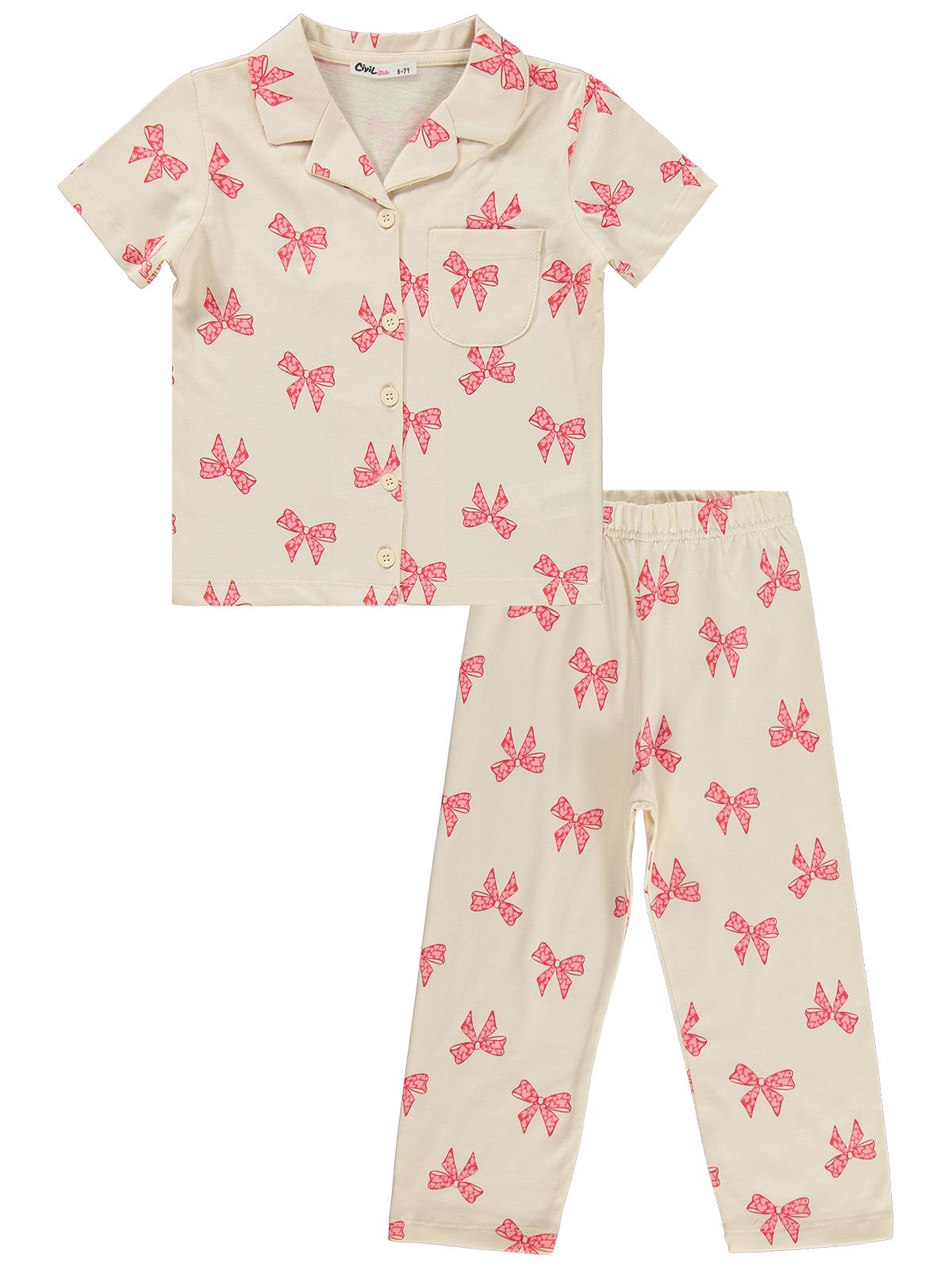 Civil Girls Fiyonk Desenli 10-13 Yaş Pijama Takımı - Fil Dişi
