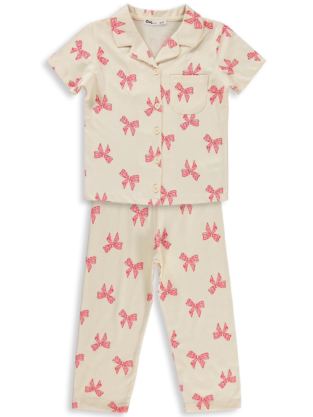 Civil Girls Fiyonk Desenli 10-13 Yaş Pijama Takımı - Fil Dişi