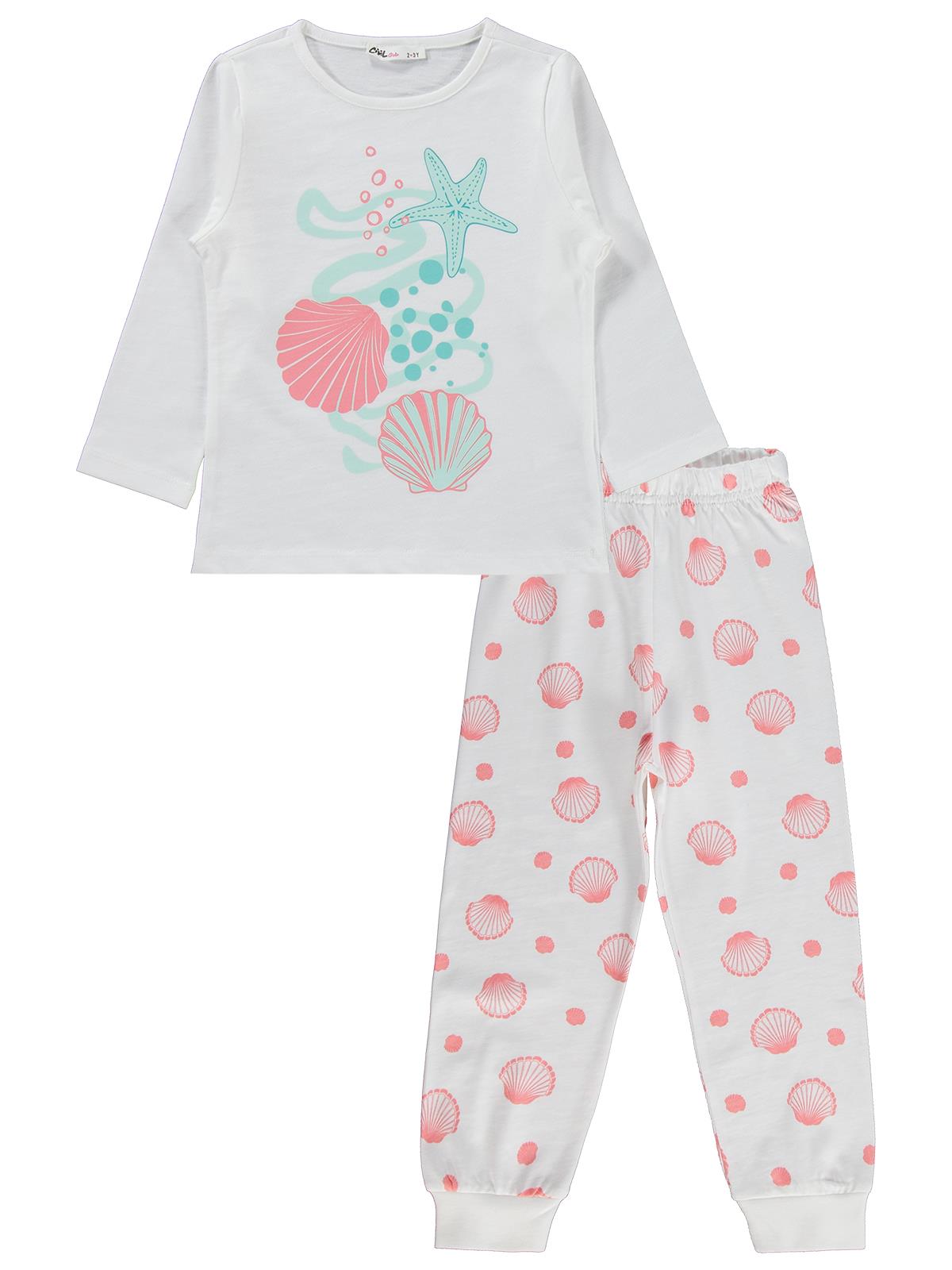 Civil Girls Kız Çocuk Deniz Kabuğu Desenli Pijama Takımı | Süprem Uzun Kol | Okul Kreş ve Günlük Kullanım - Kırık Beyaz