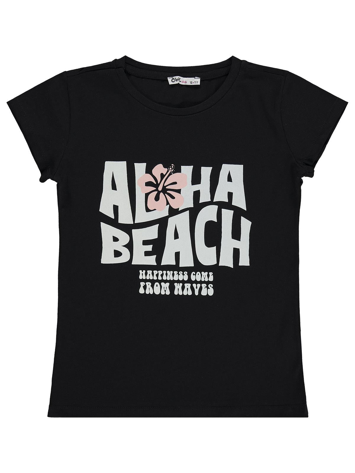 Civil Girls Aloha Beach Baskılı 10-13 Yaş Tişört  - Siyah