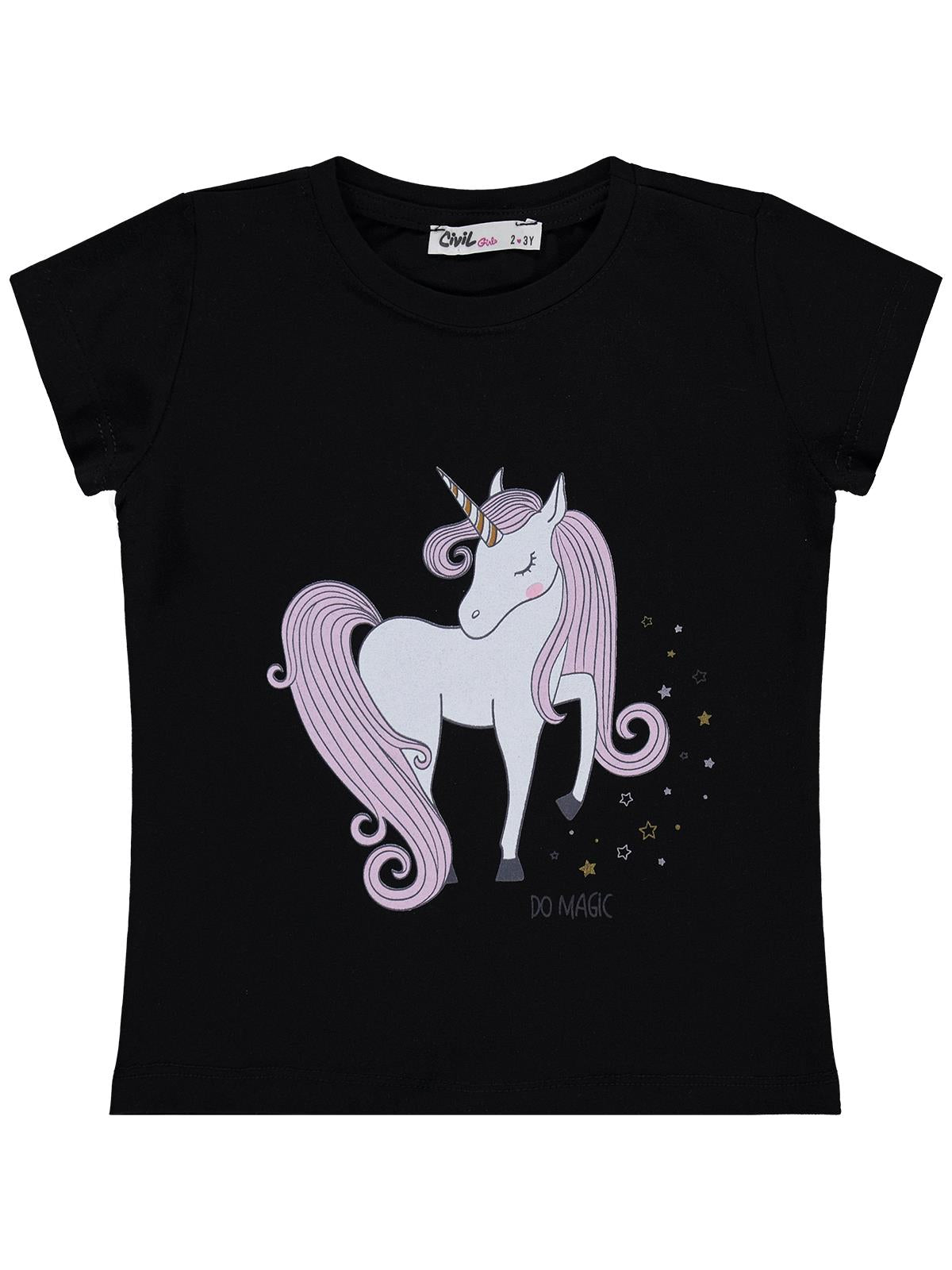 Civil Girls Unicorn Baskılı 2-5 Yaş Tişört  - Siyah