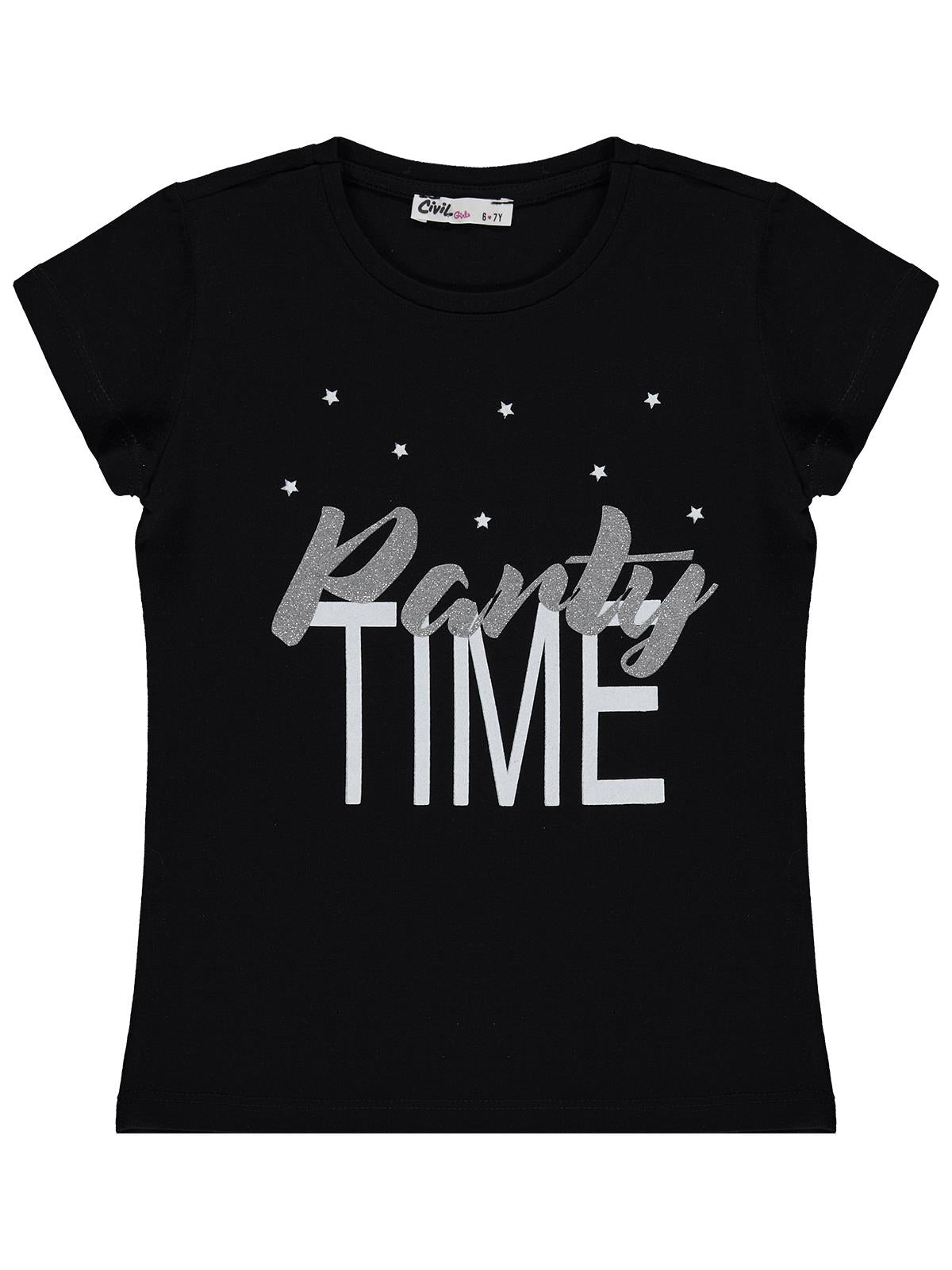 Civil Girls Party Time Baskılı 6-9 Yaş Tişört  - Siyah