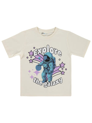 Civil Boys EXPLORE ASTRONOT Basklı 2-5 Yaş Tişört - Ekru