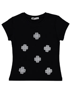 Civil Girls Çiçekli 4-9 Yaş Tişört - Siyah