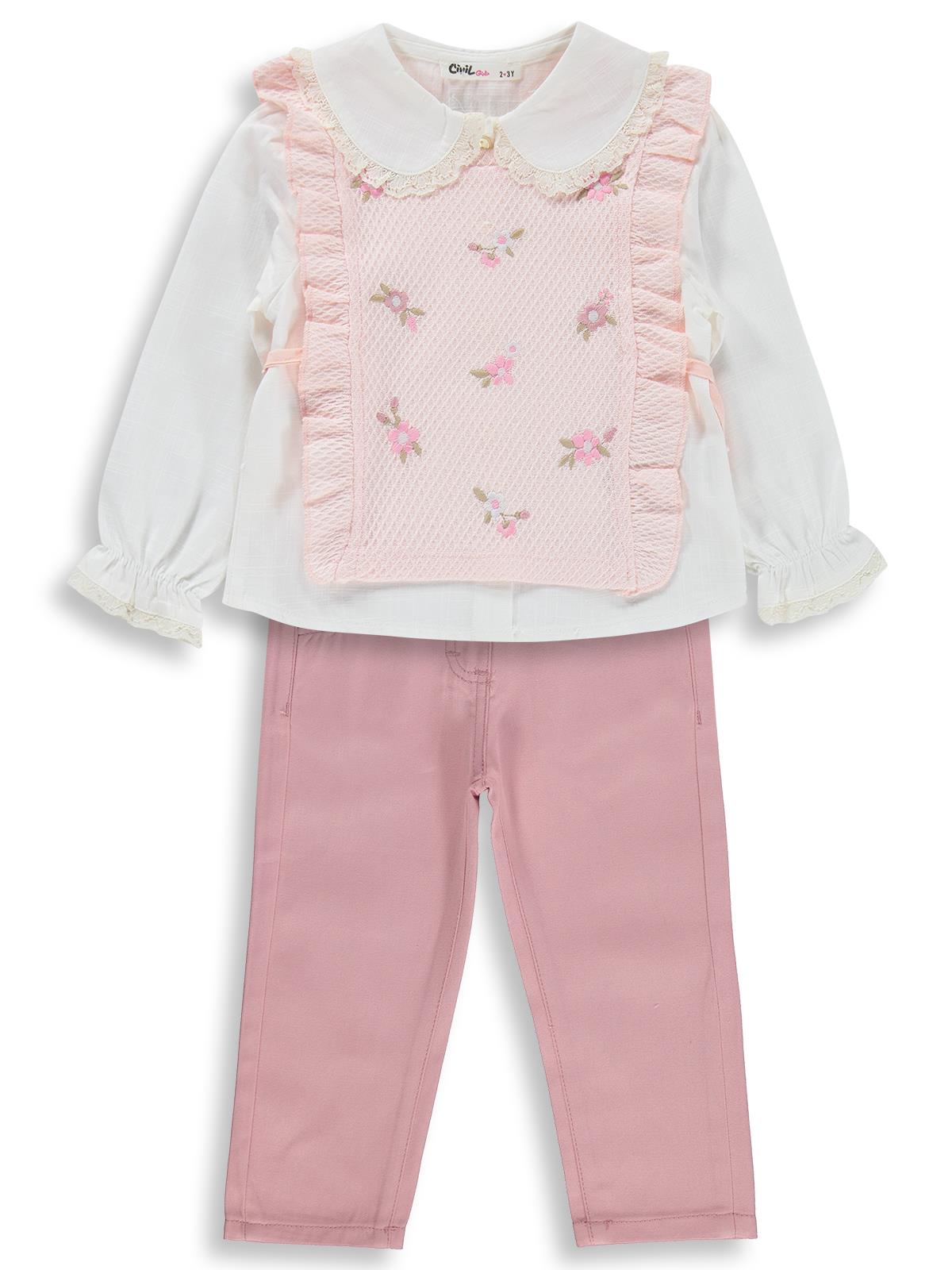 Civil Girls Renkli Çiçek Nakışlı 2-5 Yaş Takım - Pembe
