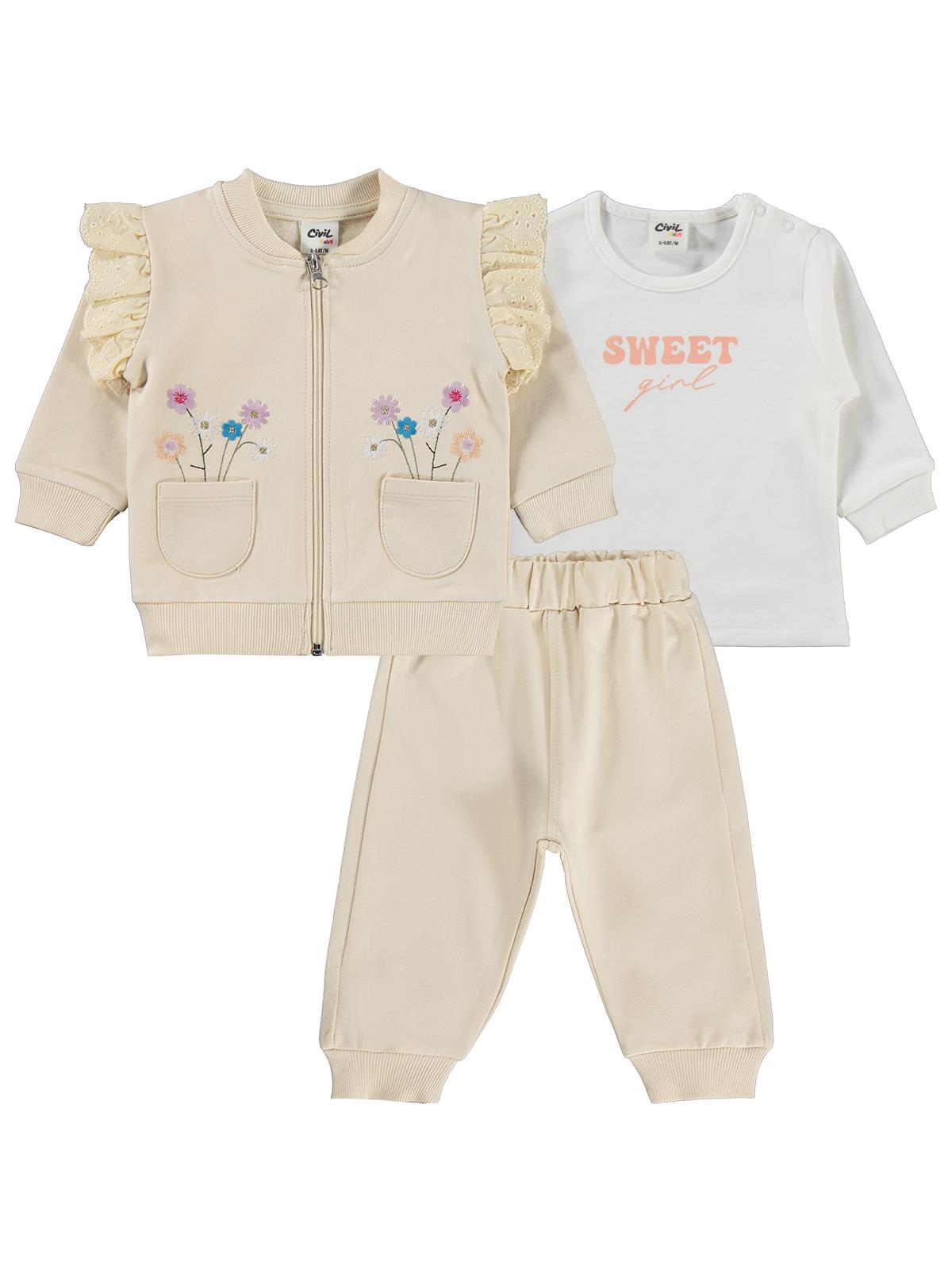 Civil Baby Çiçek Nakışlı Hırkalı 6-18 Ay Takım - Bej