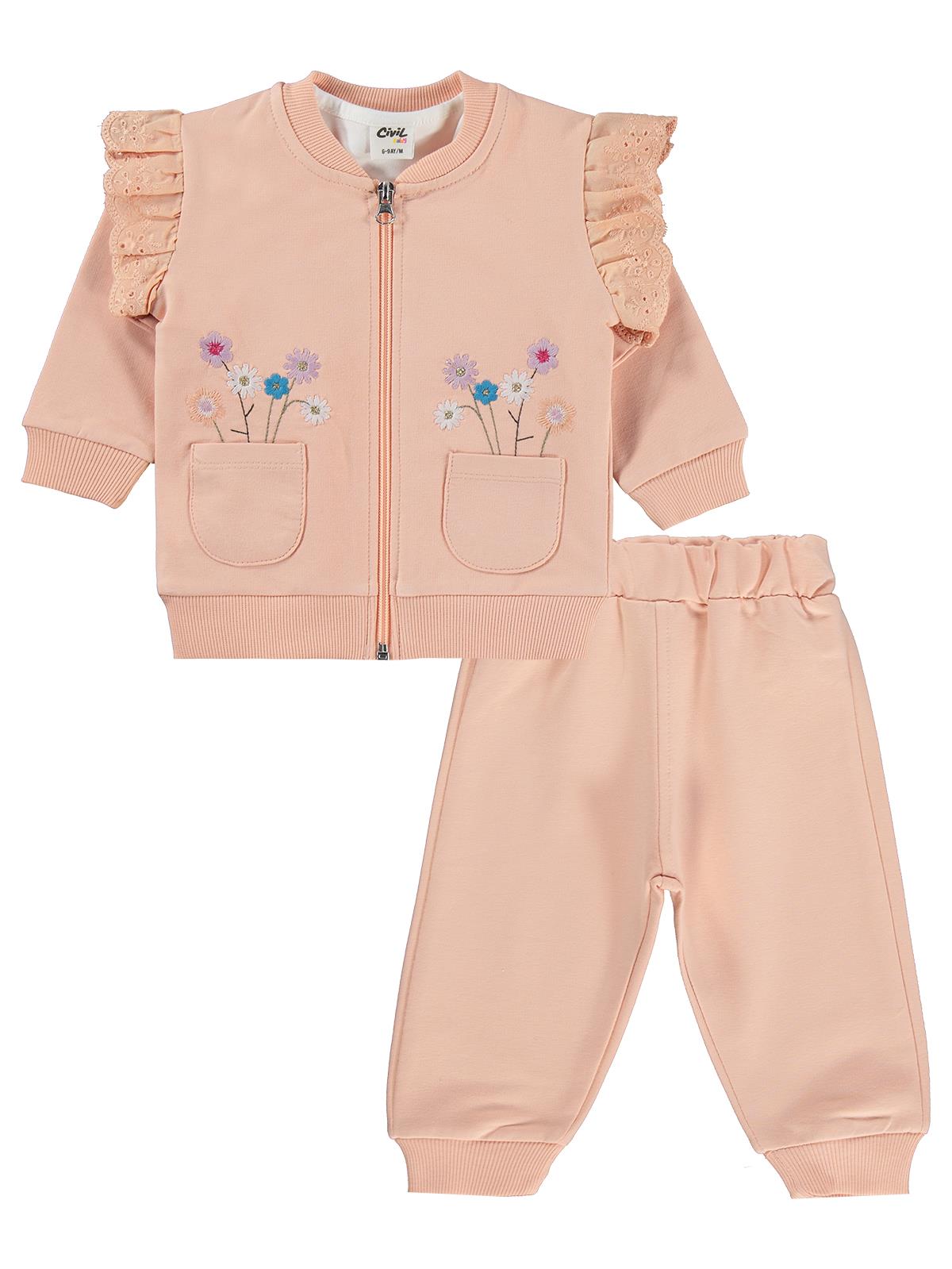 Civil Baby Çiçek Nakışlı Hırkalı 6-18 Ay Takım - Pudra