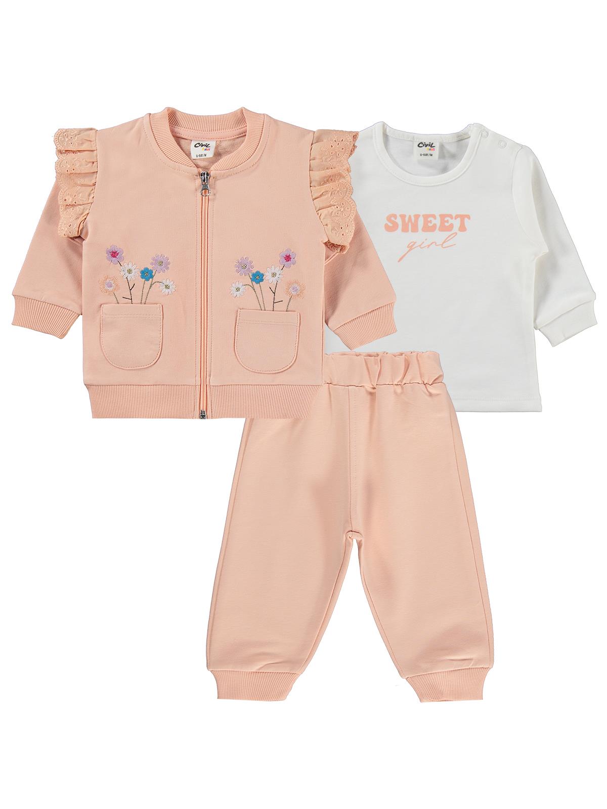Civil Baby Çiçek Nakışlı Hırkalı 6-18 Ay Takım - Pudra