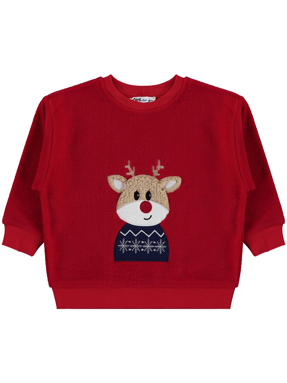Civil Erkek Çocuk Geyik Nakışlı Sweatshirt | Polar Uzun Kol | Okul Kreş ve Günlük Kullanım - Kırmızı
