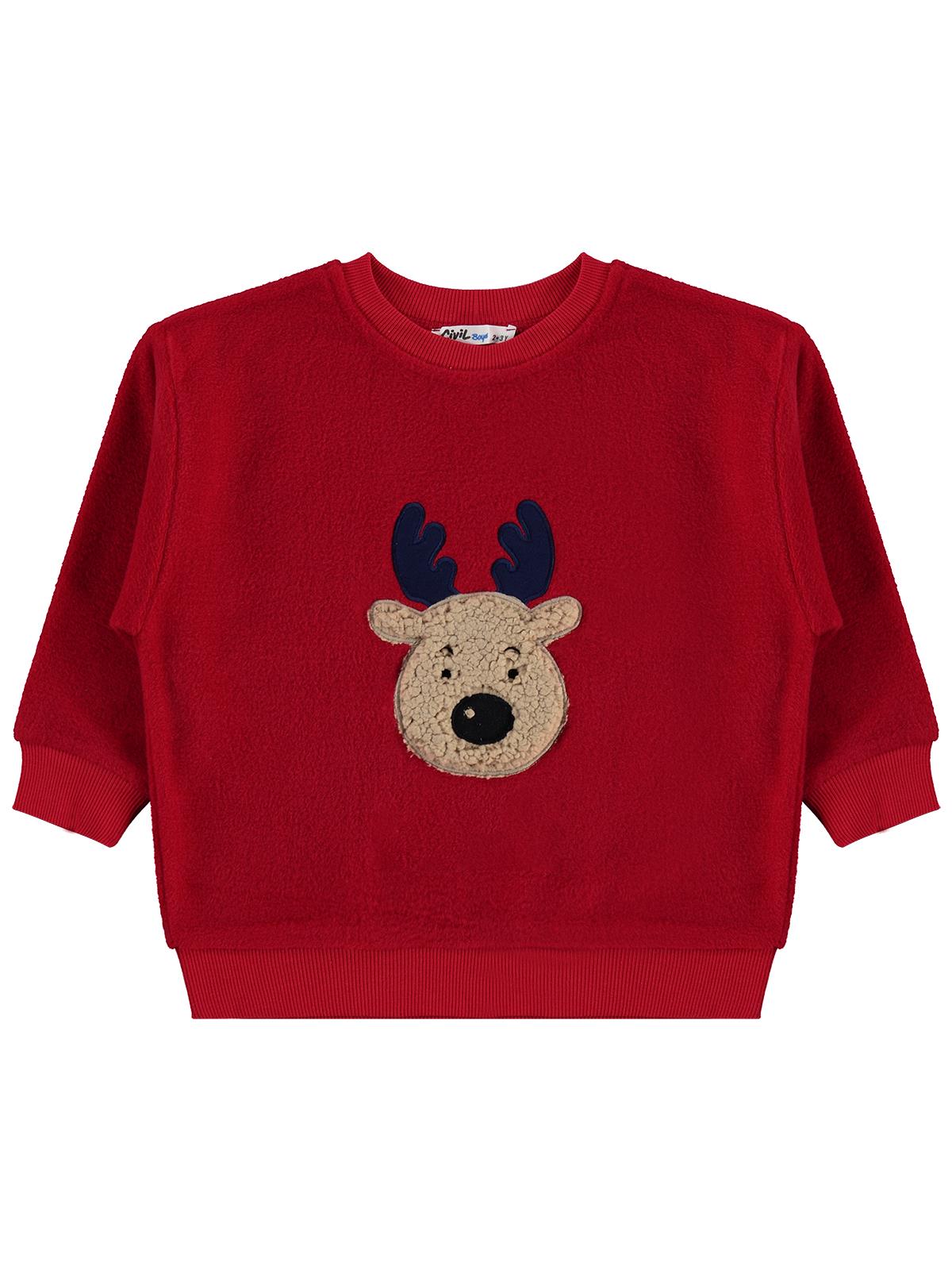 Civil Erkek Çocuk Geyik Nakışlı Sweatshirt | Polar Uzun Kol | Okul Kreş ve Günlük Kullanım - Kırmızı