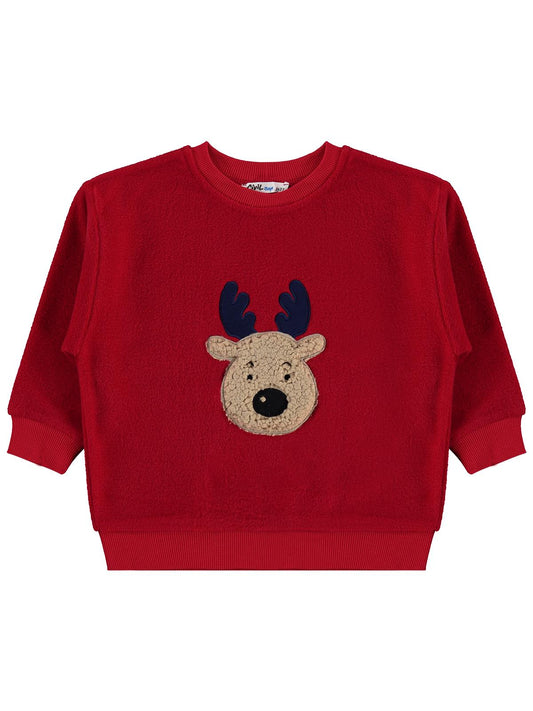 Civil Erkek Çocuk Geyik Nakışlı Sweatshirt | Polar Uzun Kol | Okul Kreş ve Günlük Kullanım - Kırmızı