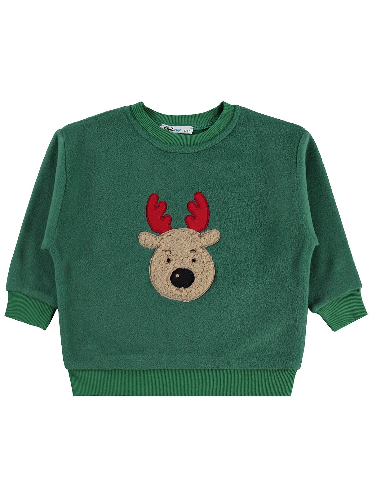 Civil Erkek Çocuk Geyik Nakışlı Sweatshirt | Polar Uzun Kol | Okul Kreş ve Günlük Kullanım - Yeşil