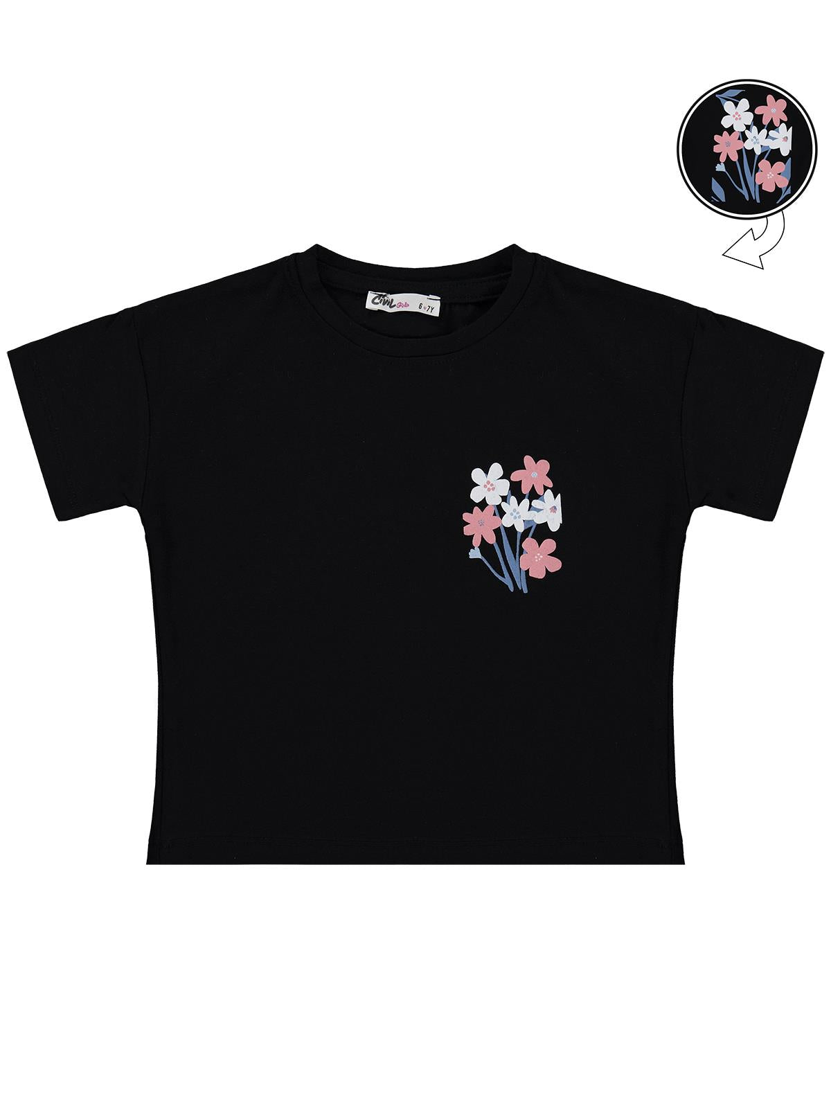 Civil Girls Renkli Çiçek Baskılı 10-13 Yaş Tişört - Siyah