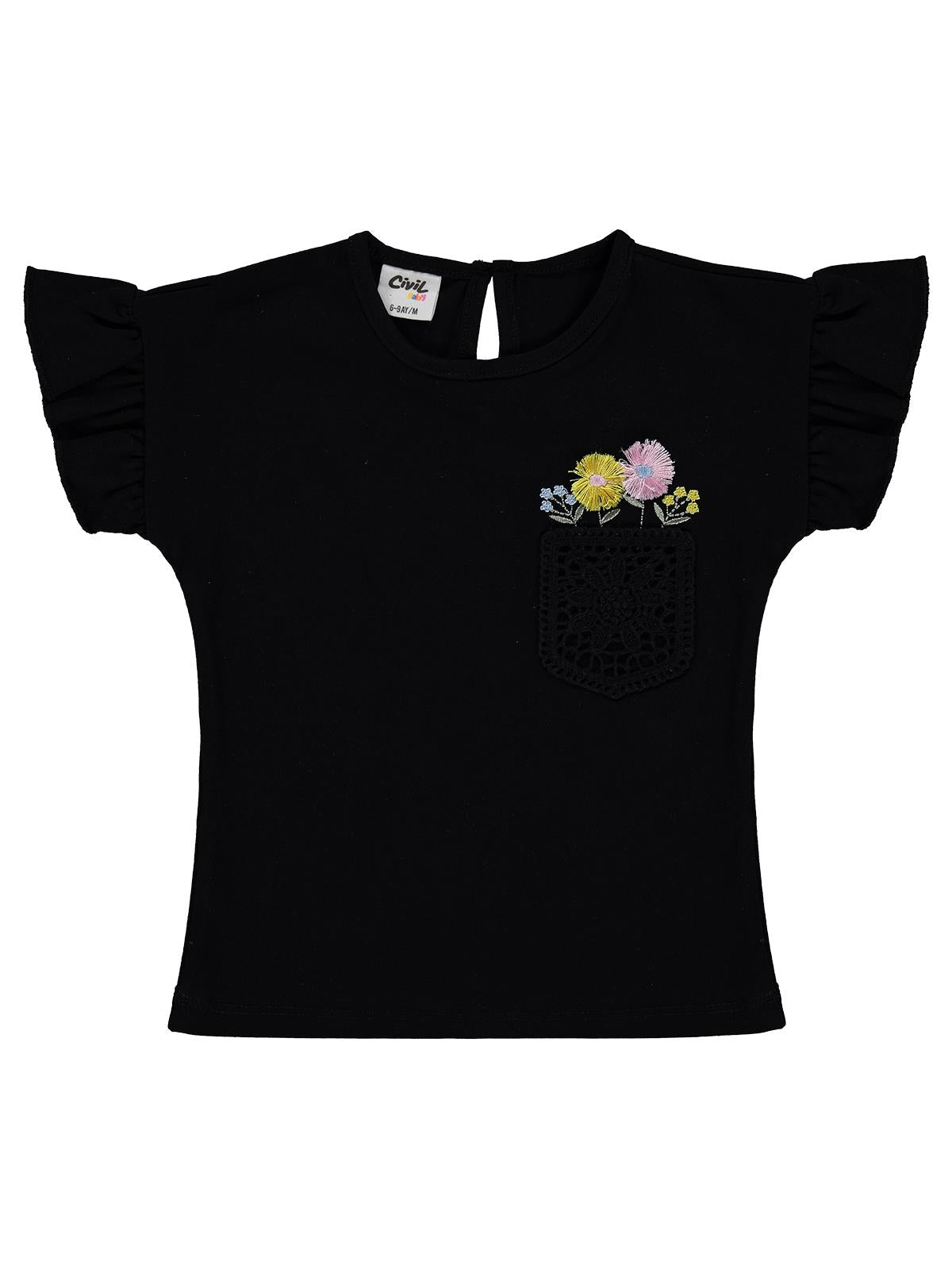 Civil Baby Çiçek Cep 6-18 Ay Tişört - Siyah