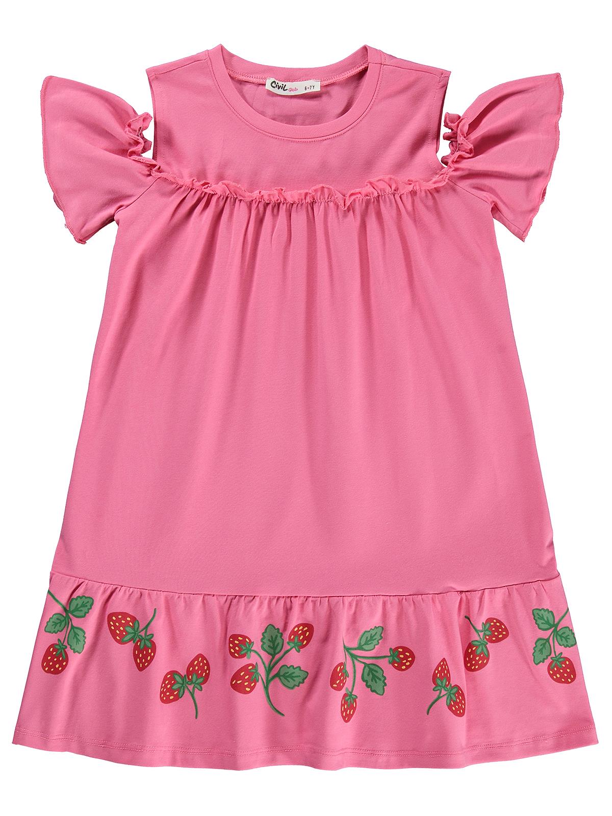 Civil Girls Çilek Desenli 6-9 Yaş Elbise - Pembe