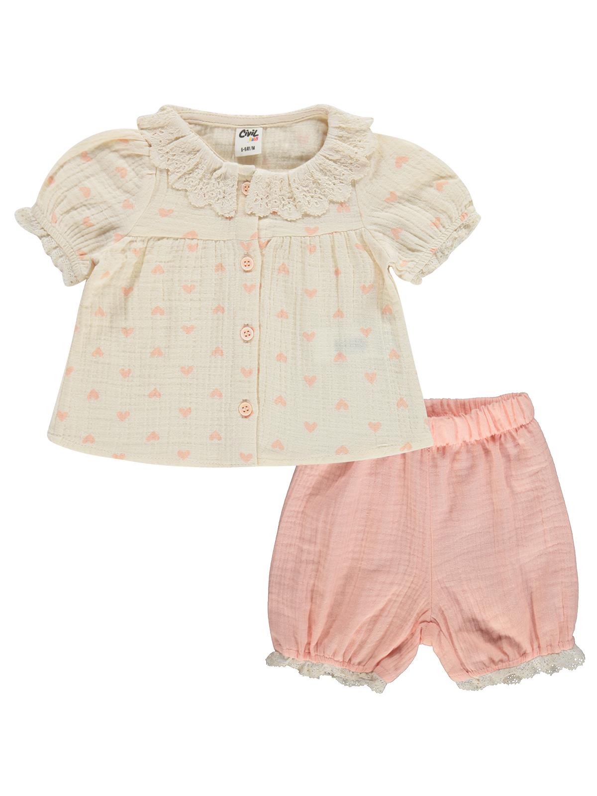 Civil Baby Yaka Dantelli Kalp Baskılı 6-18 Ay Takım - Bej
