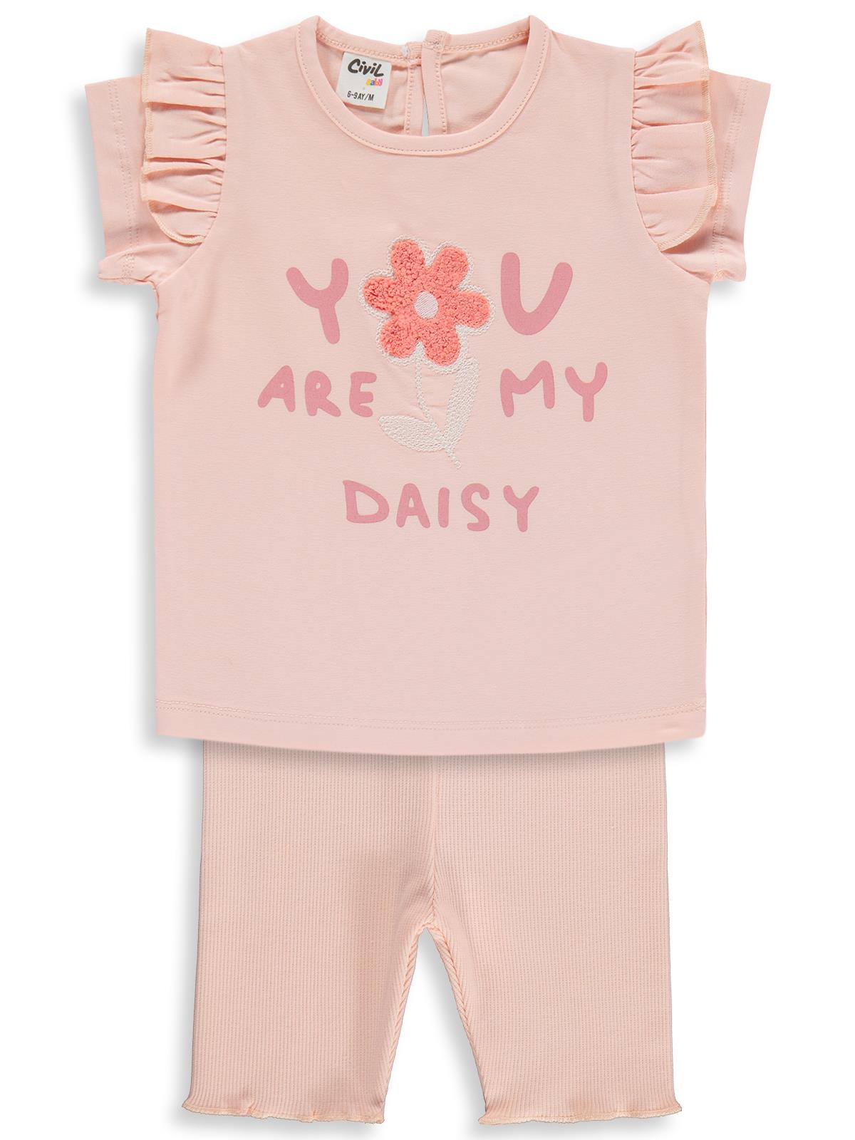 Civil Baby Yazı-Çiçek Baskı Nakış 6-18 Ay Takım - Pudra