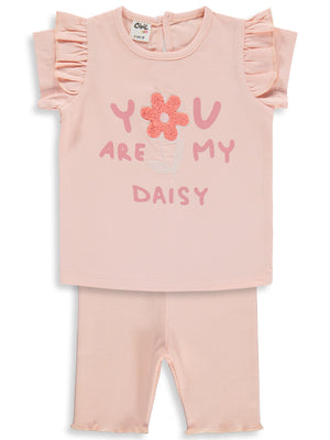 Civil Baby Yazı-Çiçek Baskı Nakış 6-18 Ay Takım - Pudra