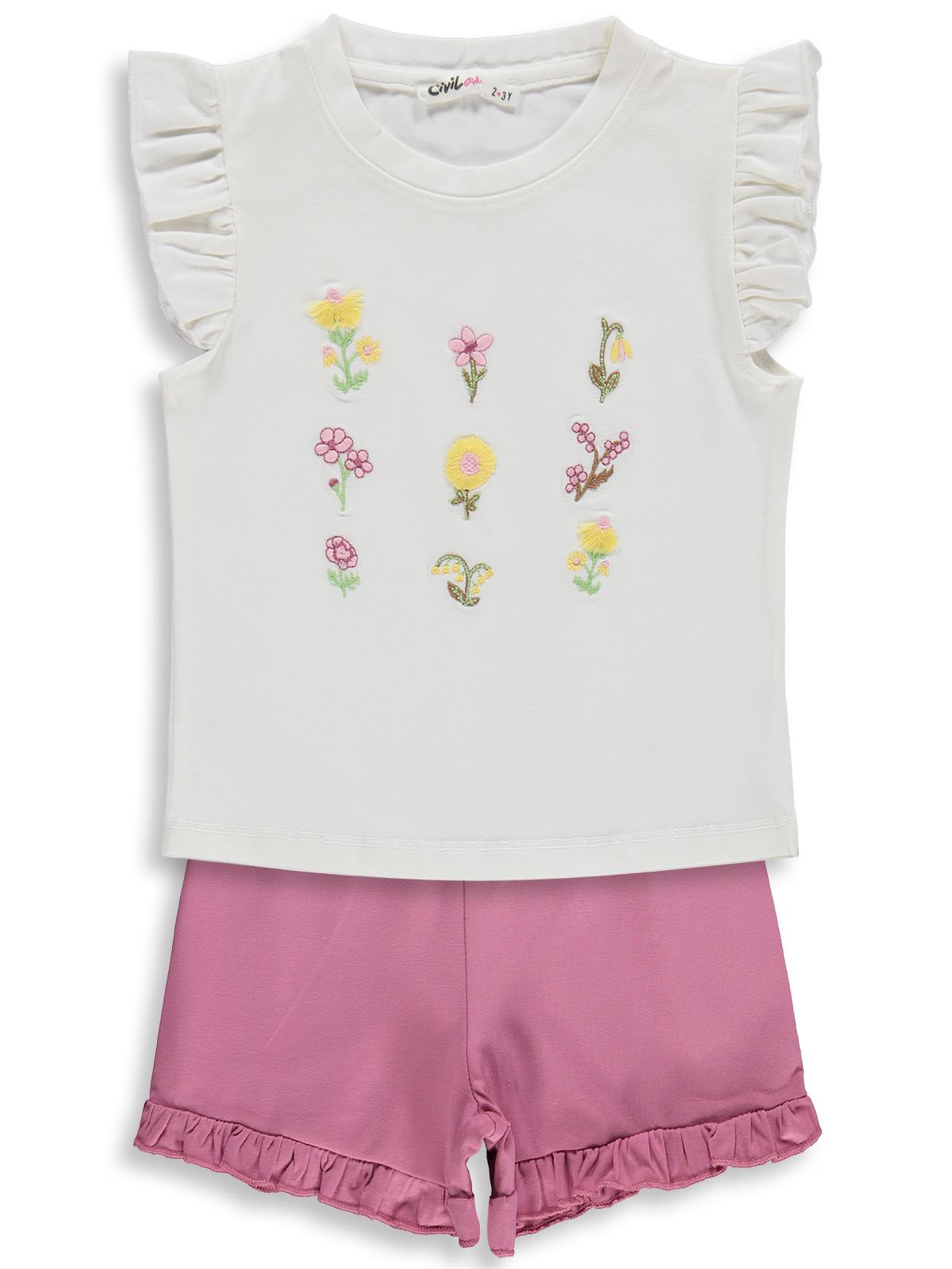 Civil Girls Çiçek Nakışlı 2-5 Yaş Takım - Ekru-Soft Pembe