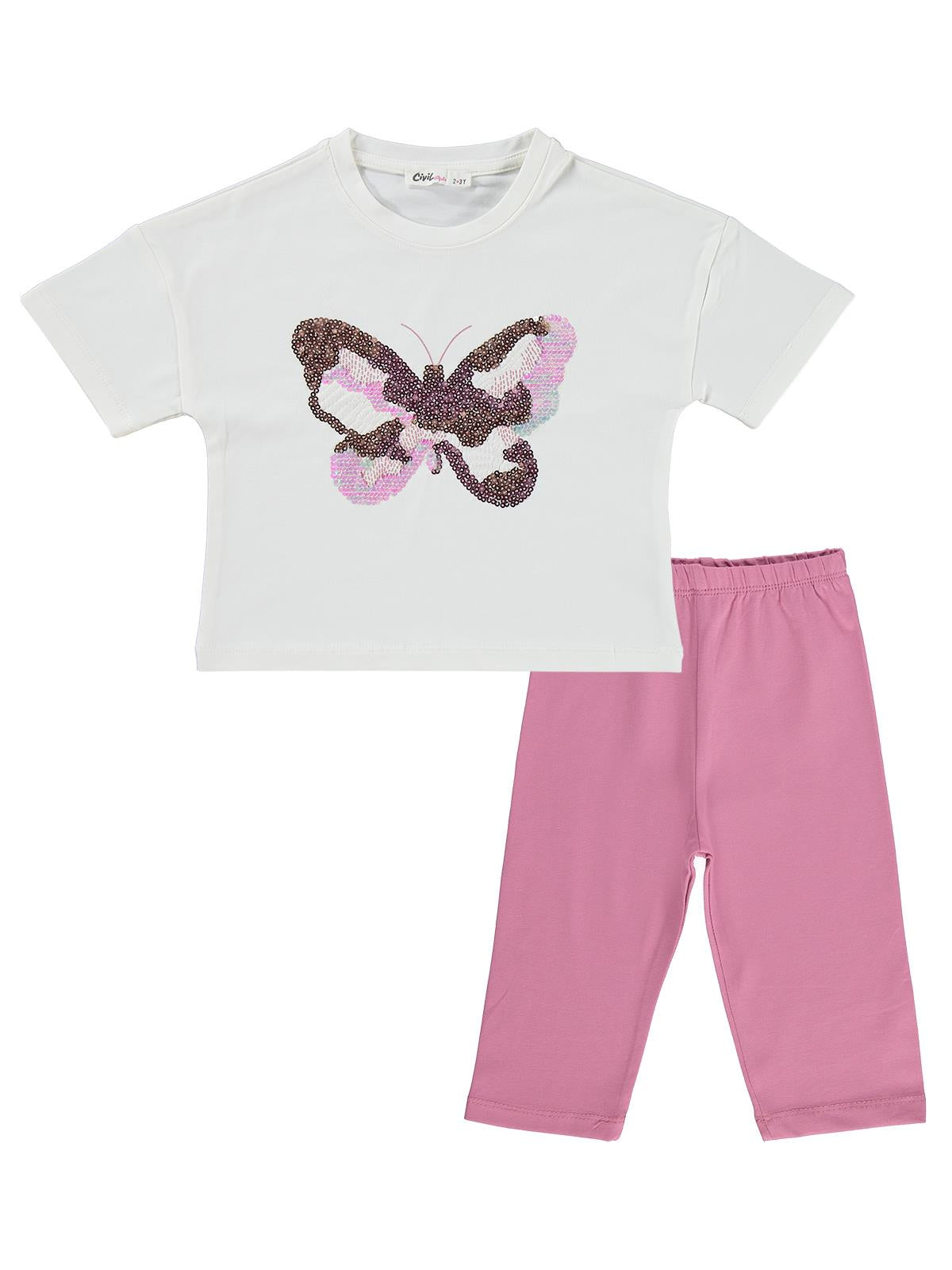 Civil Girls Kelebek Nakışlı 2-5 Yaş Takım - Ekru-Soft Pembe