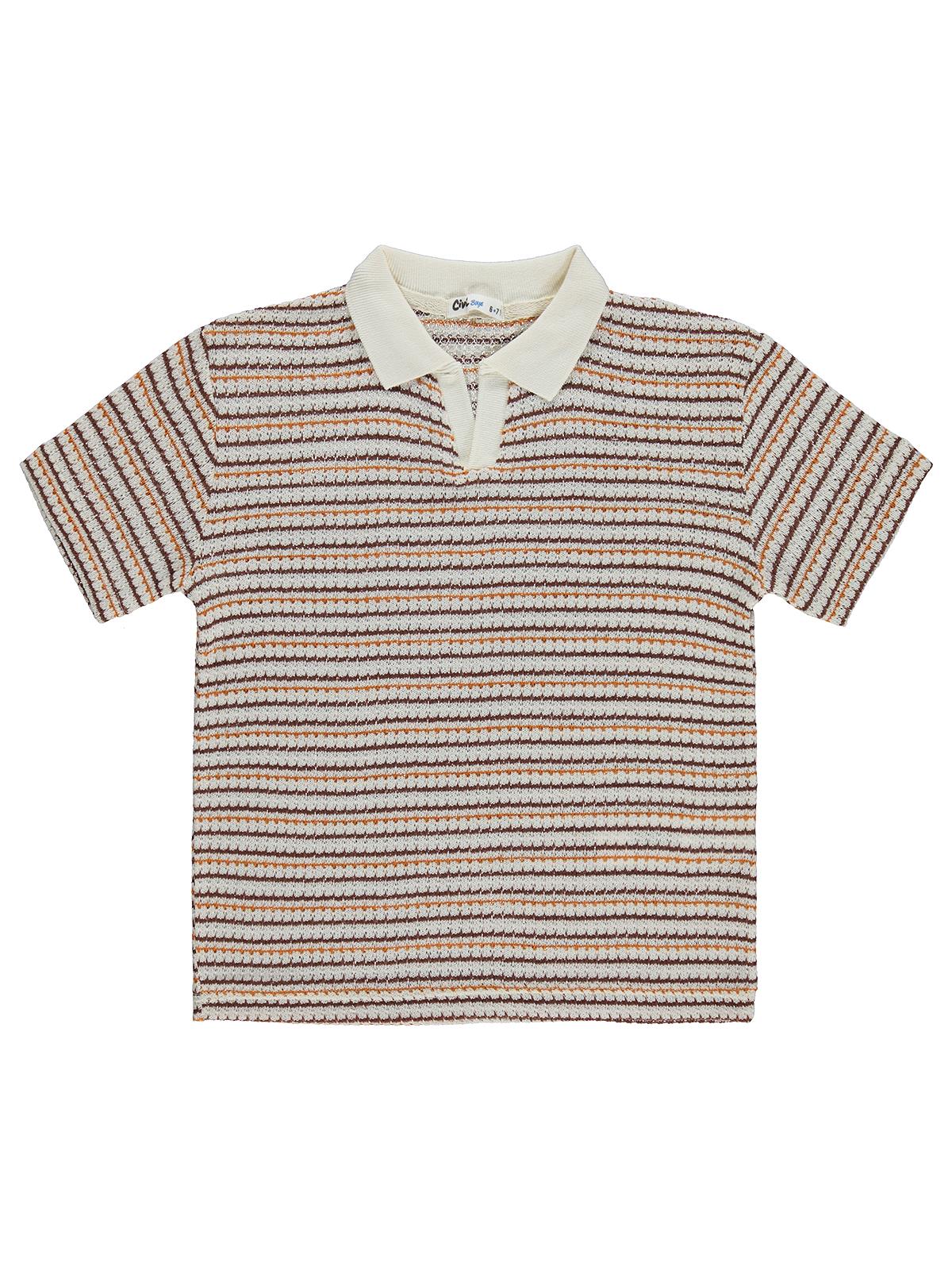 Civil Boys Polo Yaka İnce Çizgili 6-9 Yaş Tişört - Kahverengi