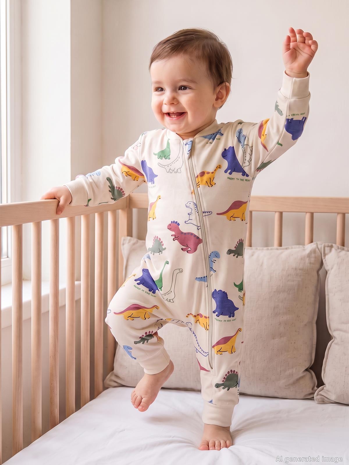 Civil Baby Dino Baskılı | Pamuklu Süprem | Uzun Kollu Bisiklet Yaka | 1.6 TOG Uyku Tulumu - Bej