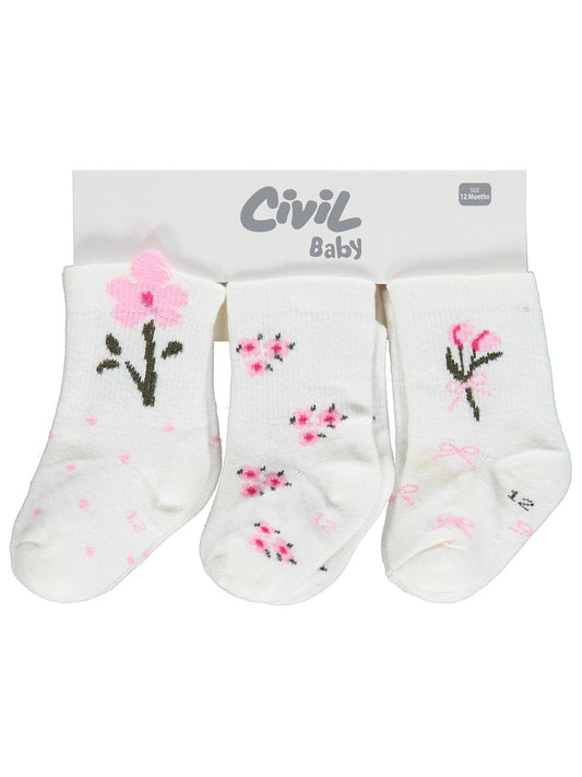 Civil Baby 3D Çiçek Desen 3'lü 6-18 Ay Bebek Kız Çorap Set