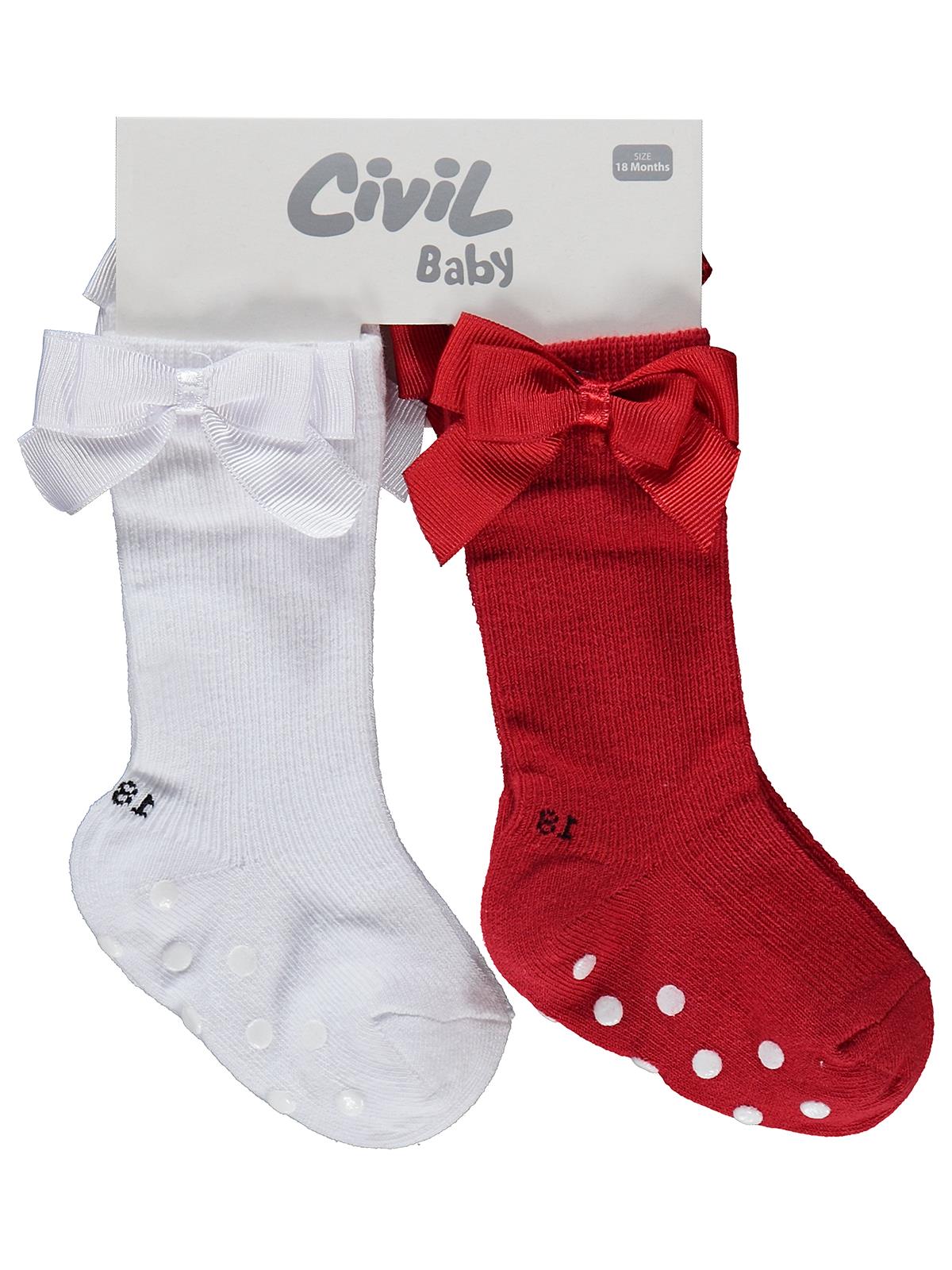 Civil Baby Fiyonk Aksesuarlı Kaydırmaz 2'li 6- Bebek Kız Çorap Set