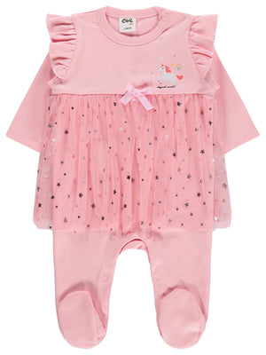 Civil Baby Yıldız Empirme Unicorn Baskılı 1-9 Ay Patikli Tulum - Pembe