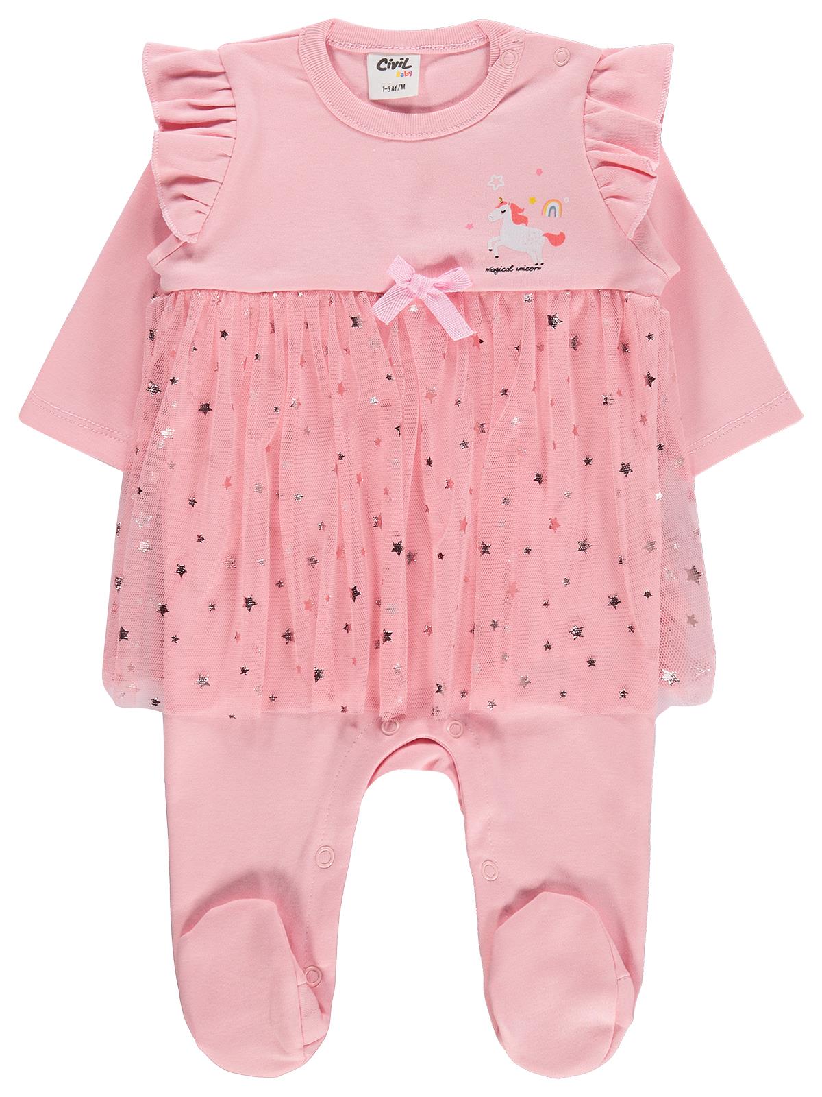 Civil Baby Yıldız Empirme Unicorn Baskılı 1-9 Ay Patikli Tulum - Pembe