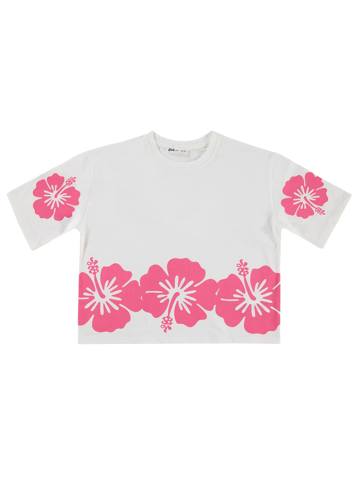 Civil Girls Hibiskus Çiçek Baskılı 10-13 Yaş Tişört - Kırık Beyaz