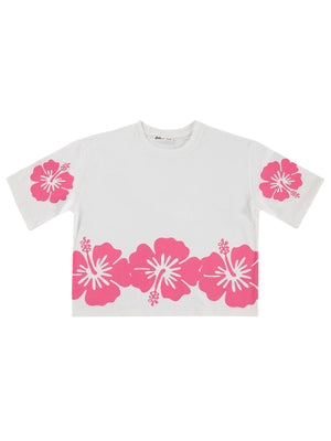 Civil Girls Hibiskus Çiçek Baskılı 10-13 Yaş Tişört - Kırık Beyaz