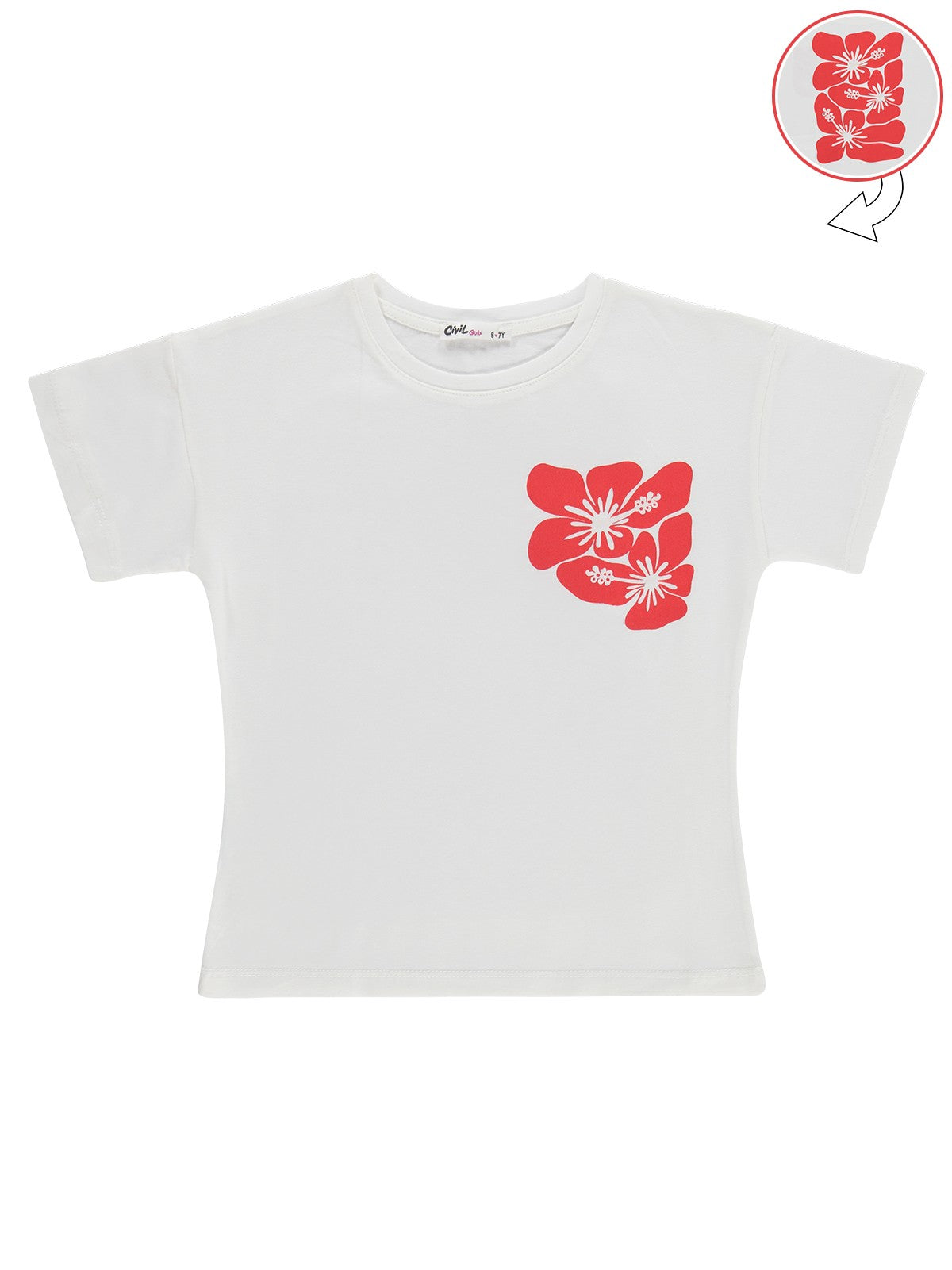 Civil Girls Hibiskus Baskılı 6-9 Yaş Tişört - Kırık Beyaz