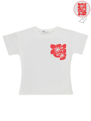 Civil Girls Hibiskus Baskılı 6-9 Yaş Tişört - Kırık Beyaz