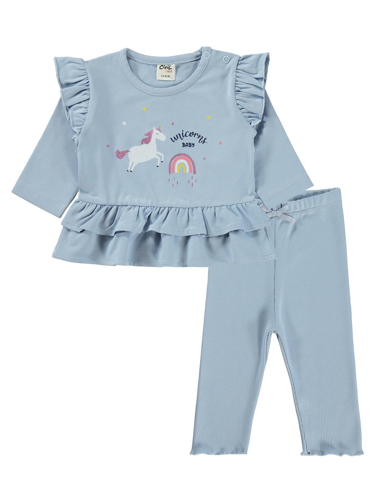 Civil Baby Unicorn Baskılı Fırfırlı 3-18 Ay Takım - Mavi