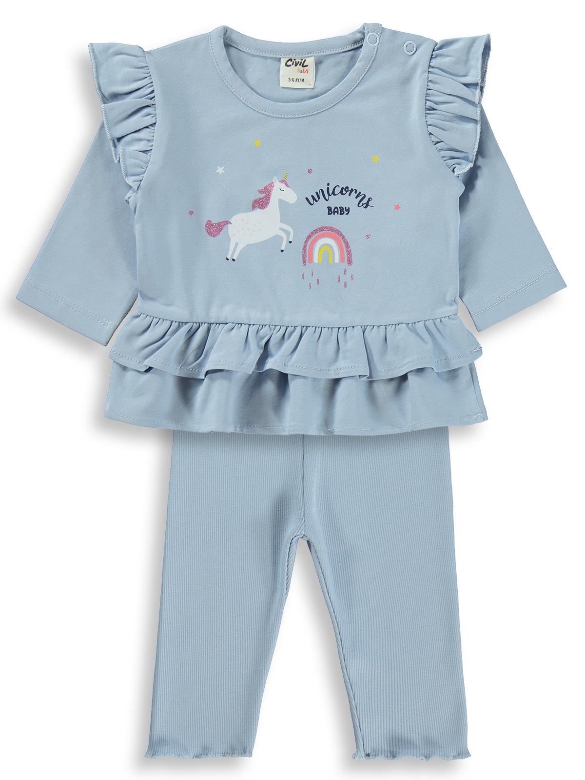 Civil Baby Unicorn Baskılı Fırfırlı 3-18 Ay Takım - Mavi