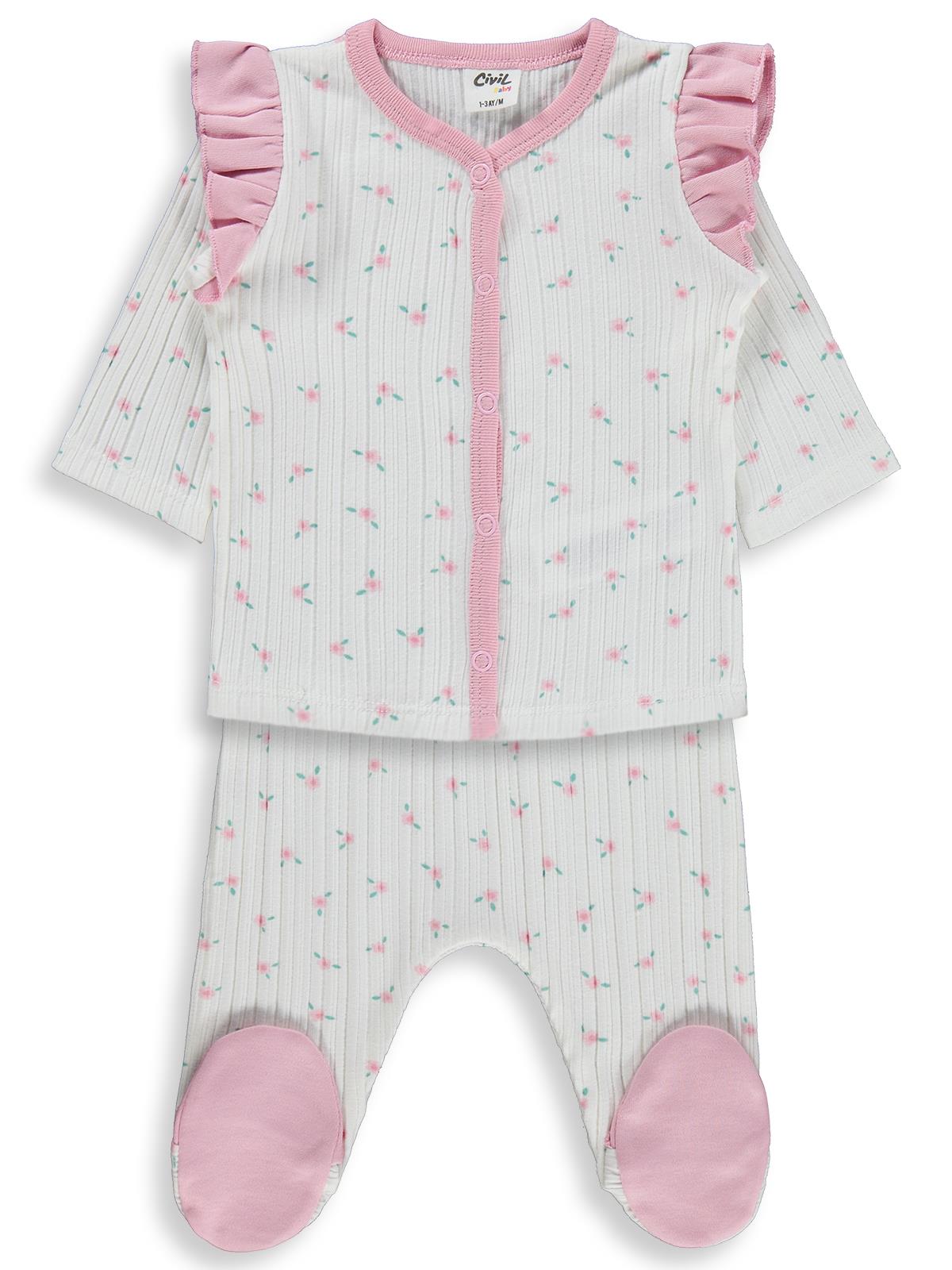 Civil Baby Çiçek Empirme Fırfırlı 1-9 Ay Pijama Takımı - Ekru