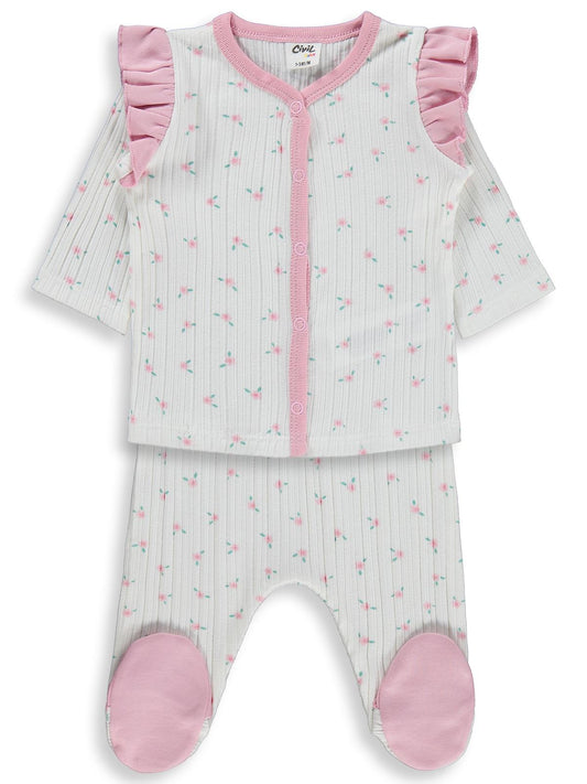 Civil Baby Çiçek Empirme Fırfırlı 1-9 Ay Pijama Takımı - Ekru