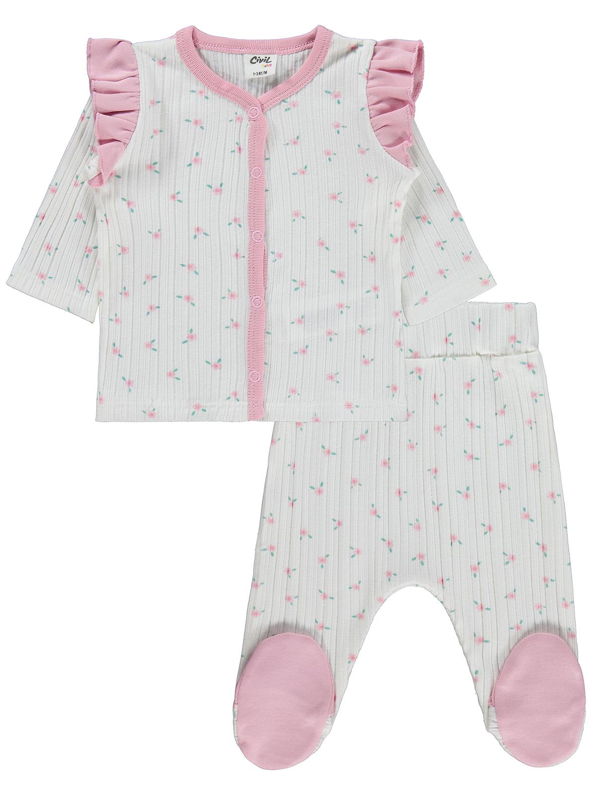 Civil Baby Çiçek Empirme Fırfırlı 1-9 Ay Pijama Takımı - Ekru