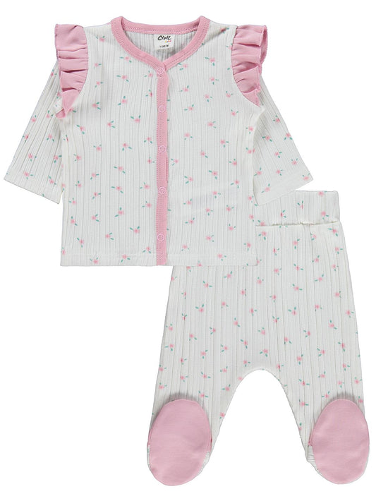 Civil Baby Çiçek Empirme Fırfırlı 1-9 Ay Pijama Takımı - Ekru