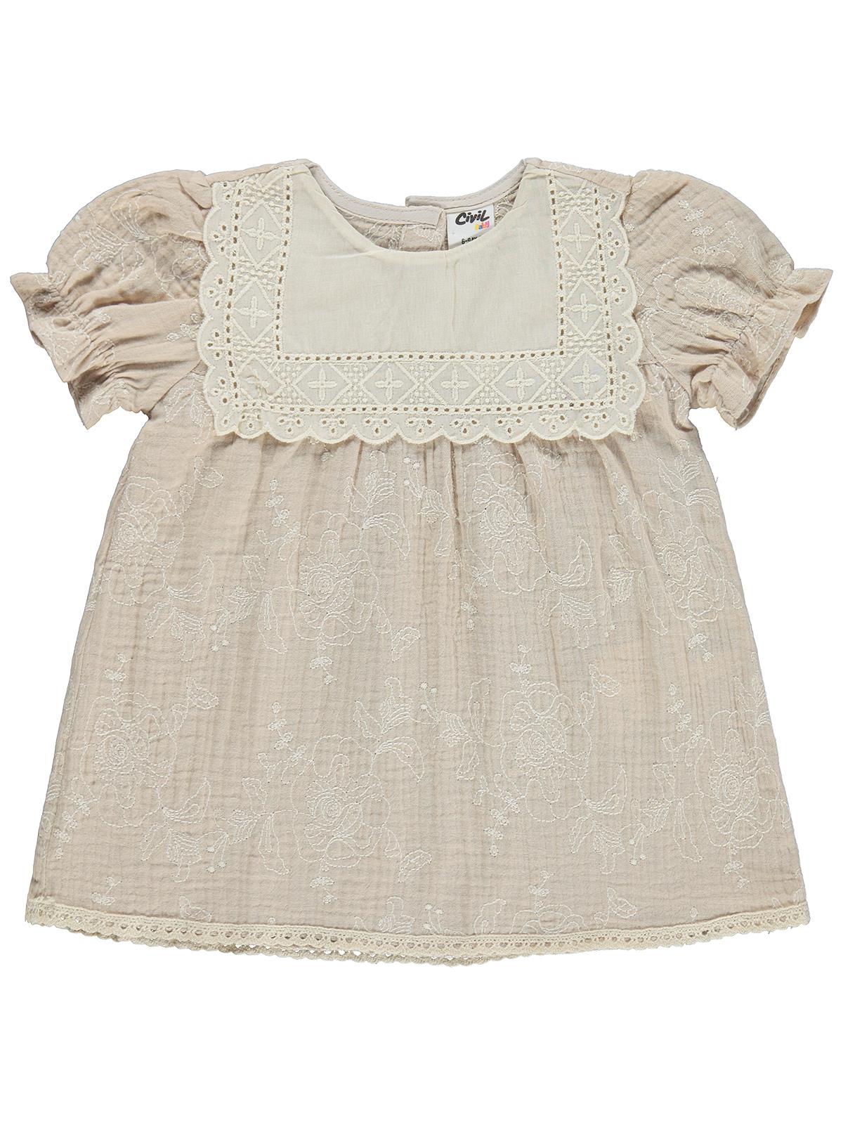 Civil Baby Kare Yaka Brodeli 6-18 Ay Elbise - Bej