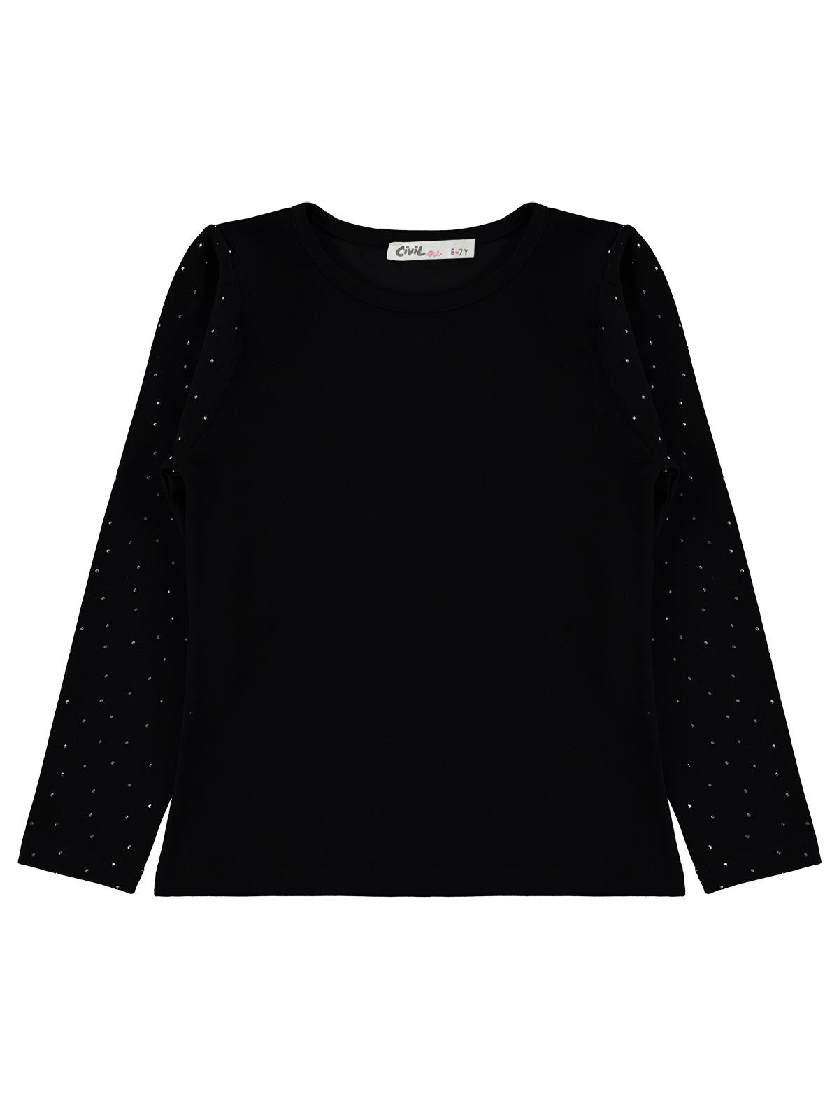 Civil Kız Çocuk Taşlı Sweatshirt | Modal Uzun Kol Bisiklet Yaka Taş | Okul Kreş ve Günlük Kullanım - Siyah
