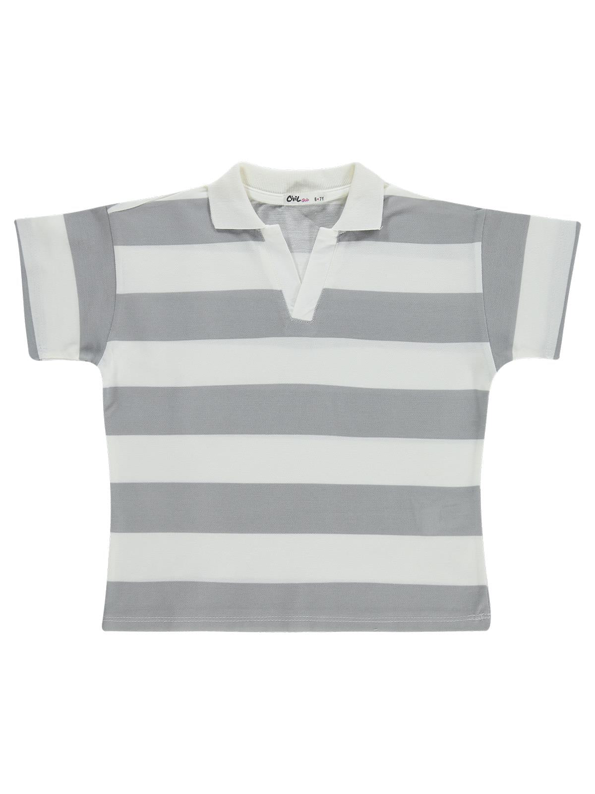 Civil Girls Çizgili Polo Yaka 6-9 Yaş Tişört - Gri
