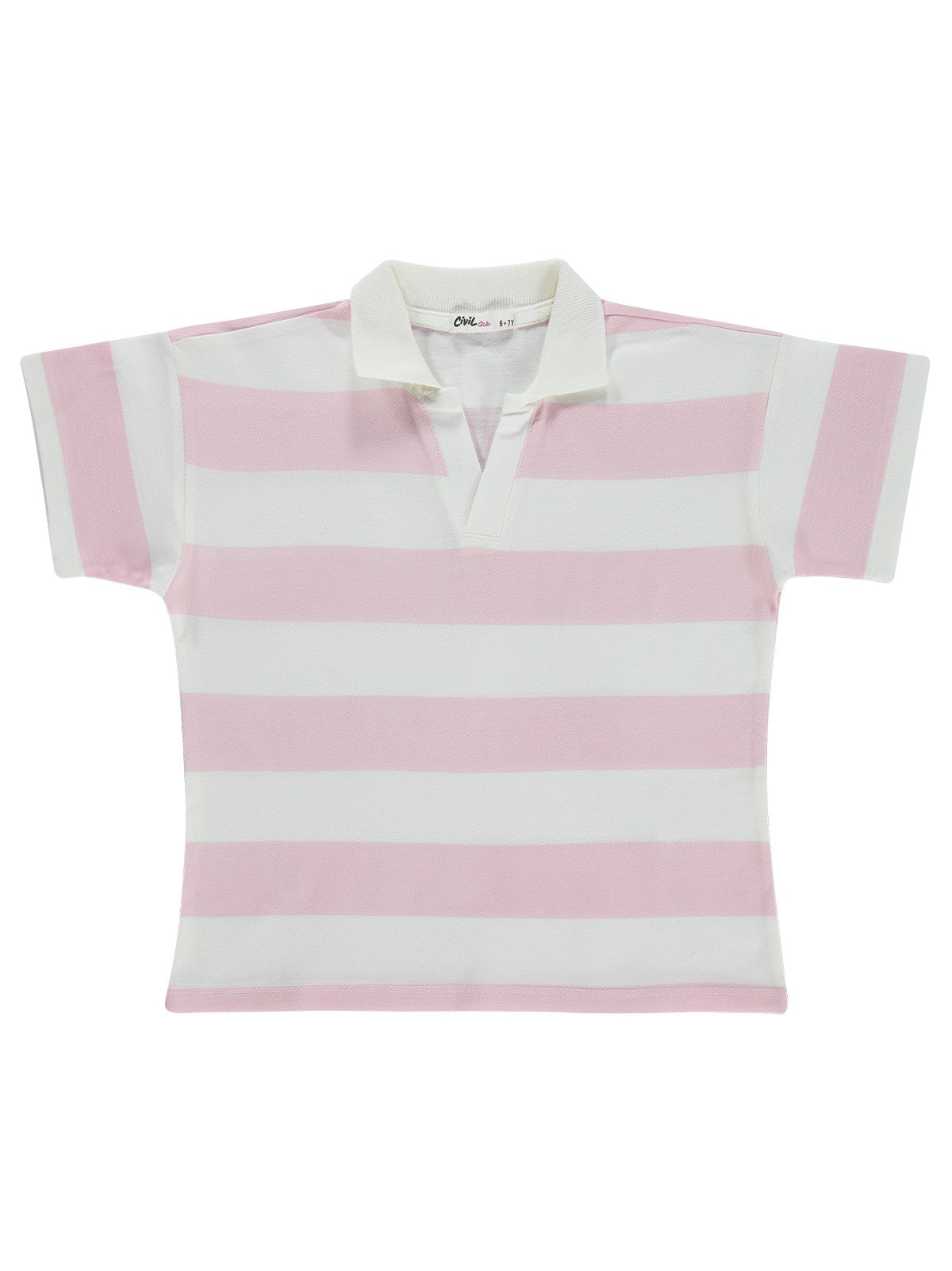 Civil Girls Çizgili Polo Yaka 10-13 Yaş Tişört - Pudra